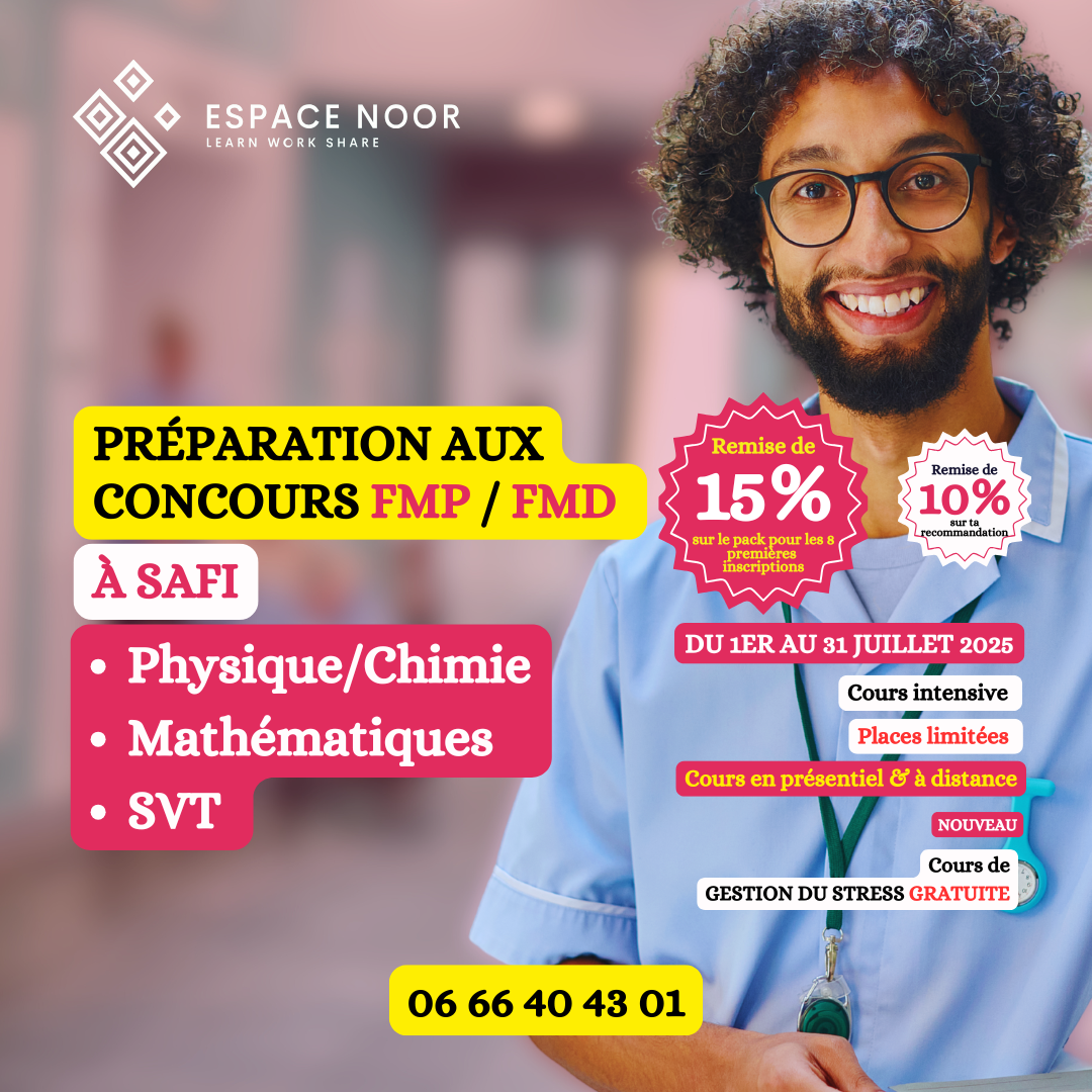 Étudiants en pleine préparation aux concours d’accès aux FMP et FMD 2025 dans une salle de cours à Espace Noor.